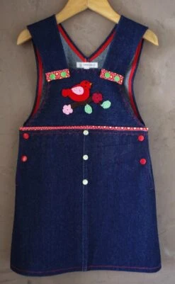 Robe Salopette En Jean Bleu, Petit Oiseau Sur Sa Branche - 3 Ans