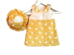 Chapeau Réversible Robe Chasuble Coton Biologique Lapins Fond Jaune Bébé 12-18 Mois