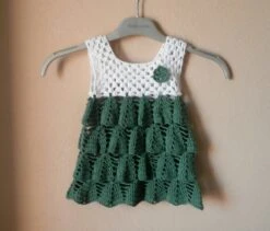 Robe Bébé Coton Blanc/vert Fait Main Au Crochet