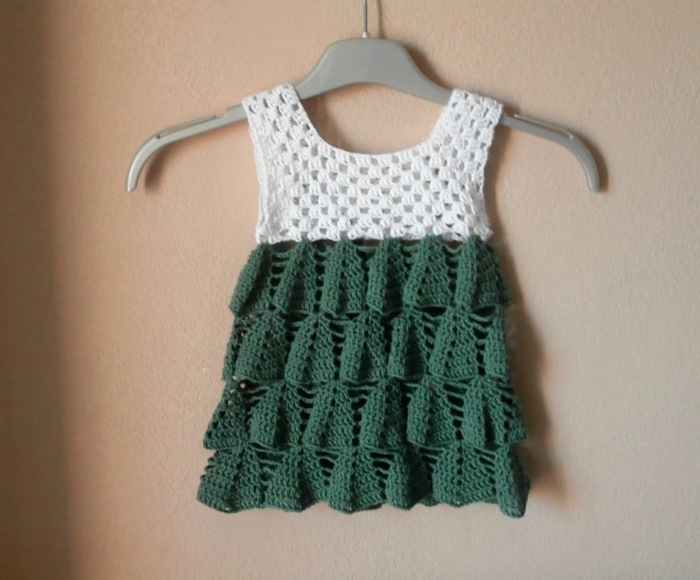 Robe Bébé Coton Blanc/vert Fait Main Au Crochet 2 Robe Bébé Coton Blanc/vert Fait Main Au Crochet – Image 2