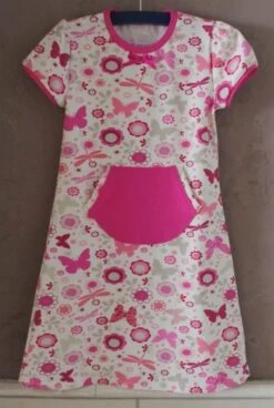 Robe Manches Courtes Jersey Papillons, Libellules Et Fleurs Roses - 6 Ans