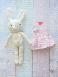 Lapin Robe Rose Coton Bio Peluche, Doudou Lapin Ecru, Peluche Decorative, Fait Main, Animaux Mignons