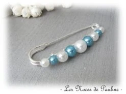 Attache Traîne Blanc Et Turquoise , Broche Robe Mariée, Gm