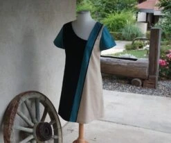 Robe Trapèze, Ample, Manches Courtes, En Satin De Coton, Couleur Noir Bleu Beige