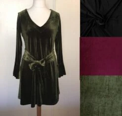 Robe Trapèze En Jersey Velours, Encolure En V, Manches Longues, Couleur Au Choix Kaki, Bordeaux, Noir