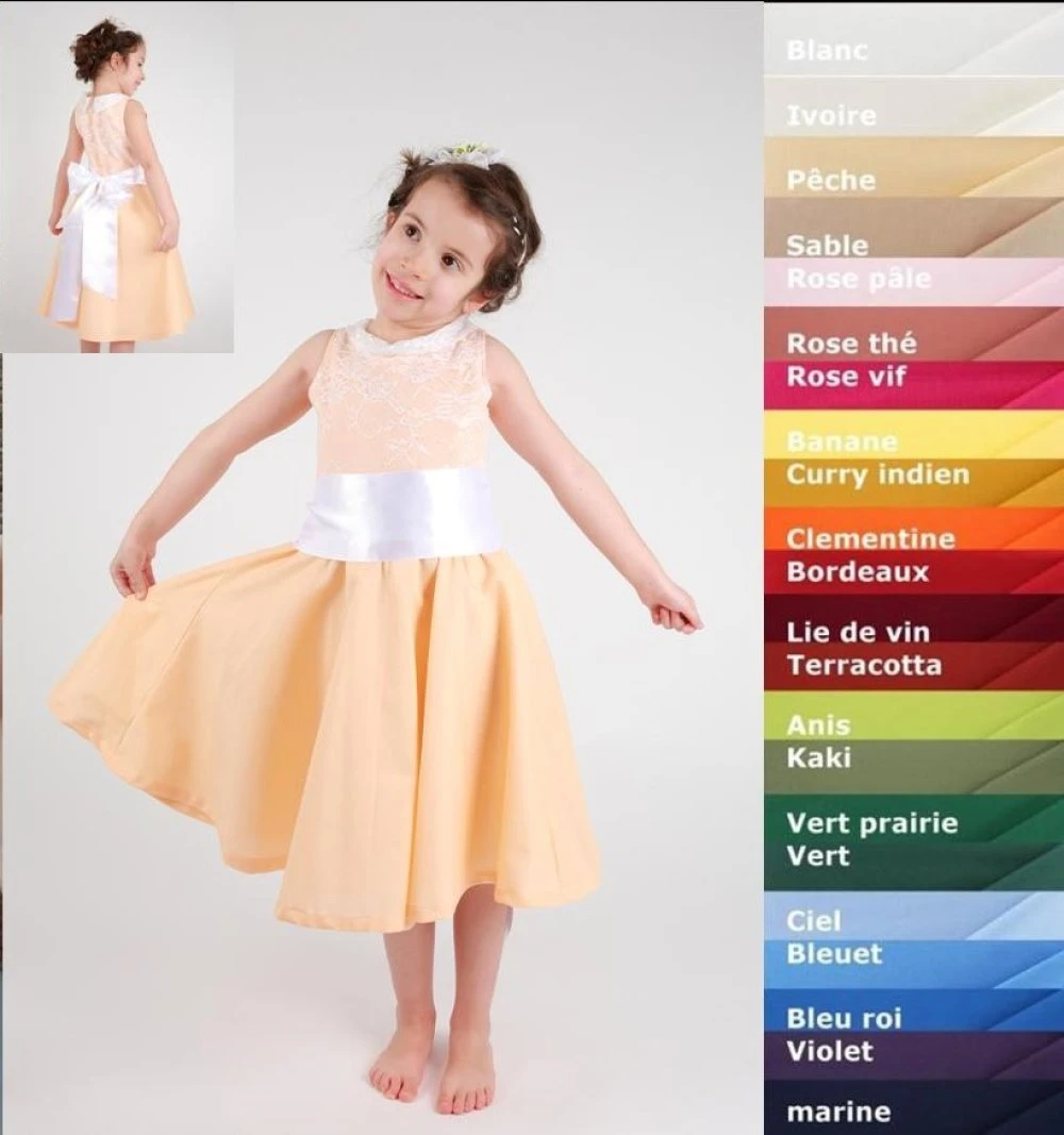 Robe Cortège Petite Fille Forme Patineuse Coton Et Dentelle, Ceinture Grand Nœud, Personnalisable. 1 Robe Cortège Petite Fille Forme Patineuse Coton Et Dentelle, Ceinture Grand Nœud, Personnalisable.