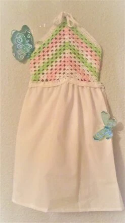 Robe Enfant Dos Nu, Au Crochet,boho ,boheme, Hippie Tons Vert Et Rose,blanc