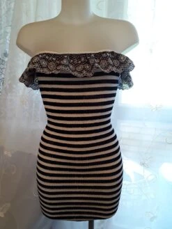 -robe Tube Robe D'étè Moulante Mi Longue En Jersey Extensible Bleu Marine /blanc Taille 36/38/40/42, Longueur 88 Cm.