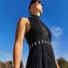 "jondal" Boho Dress Black Macrame Handmade Braided Dress With Silvered Tubes Festival Coachella Ibiza Robe Tressée En Macramé
