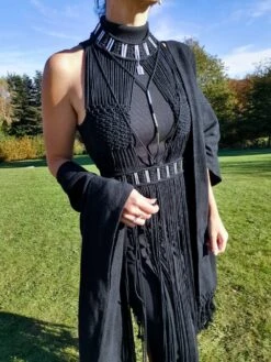 "jondal" Boho Dress Black Macrame Handmade Braided Dress With Silvered Tubes Festival Coachella Ibiza Robe Tressée En Macramé 7 "jondal" Boho Dress Black Macrame Handmade Braided Dress With Silvered Tubes Festival Coachella Ibiza Robe Tressée En Macramé -Éclat Boutique 4153429 e e macrame and sand stone collier 3