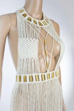 "jondal" Boho Dress Ecru Gold Macrame Handmade Braided Dress With Golden Tubes Festival Coachella Ibiza Robe Macramé Coton écr -Éclat Boutique 4153437 jondal boho dress black macrame handmade braided dress wit 5
