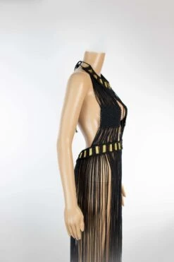 "jondal" Boho Dress Noire Gold Macrame Handmade Braided Dress With Golden Tubes Festival Coachella Ibiza Robe Macramé Coton -Éclat Boutique 4153439 jondal boho dress ecru gold macrame handmade braided dress 1