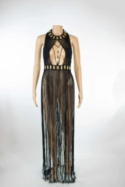 "jondal" Boho Dress Noire Gold Macrame Handmade Braided Dress With Golden Tubes Festival Coachella Ibiza Robe Macramé Coton