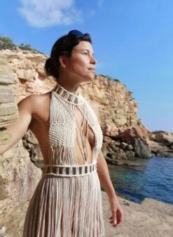 "jondal" Boho Dress Ecru Macrame Handmade Braided Dress With Silvered Tubes Festival Coachella Ibiza Robe Tressée En Macramé