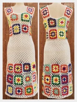 Sur Commande.modèle Robe Multicolore,mi Longue ,style Carré Grand - Mère Au Crochet