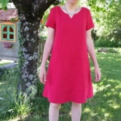 Robe Trapèze Ample En Lin Rouge à Manches Courtes