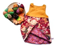 Robe Bébé Fille 12-18 Mois, Chasuble Réversible, Fleurs Japonisantes Bordeaux Et Fleurs, Robe Trapèze