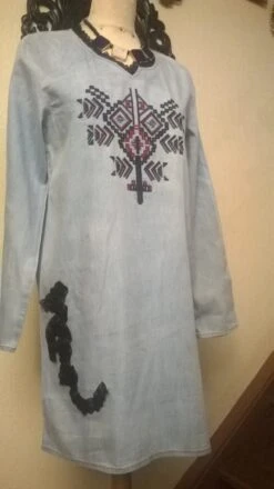 Robe Manches Longues Couleur Bleu Jean -Éclat Boutique 781465 robe manches longues couleur bleu jean 4