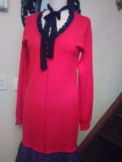 Robe Manches Longues En Maille Rouge Et Mousseline Imprimée