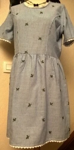 Robe Courte En Coton Rayé Et Brodé De Couleur Bleu