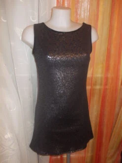 -robe De Soirée/ Reveillon Courte En Jersey Noir A Motifs Brillants Sans Manches Taille 38 Longueur 83 Cm.