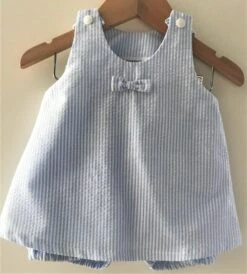 Ensemble Top/robe + Bloomer En Tissu De Coton Fines Rayures Lurex Bleu Clair - 3 Mois