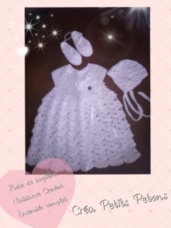 Sur Commande Ensemble De Baptême En Crochet, Robe, Béguin Et Ballerines. Coton, Lurex, Taille Naissance