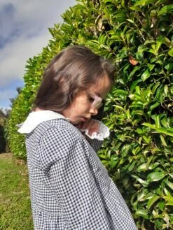 Robe Petite Fille Coton Vichy Manches Longues, Robe Retro Pour Enfant Col Claudine